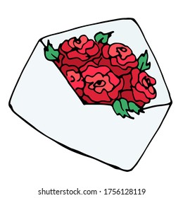 romantic vector hand-drawn cartoon envelope with red flowers. stock single decorative Doodle element isolated on a white background