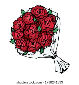 Romantic Vector Hand-drawn Cartoon Large Bouquet Of Red Roses. A Single Decorative Doodle Element Isolated On A White Background