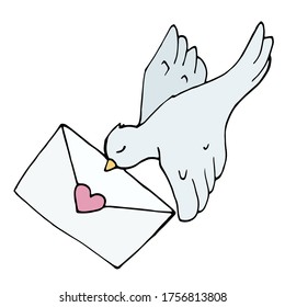 romantic vector hand-drawn cartoon pigeon with an envelope with a heart. stock single decorative Doodle element for Valentine's day isolated on white background