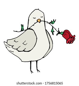 pichón de dibujos animados de vector romántico con una rosa en su pico. material único decorativo elemento Doodle para el día de San Valentín aislado en fondo blanco
