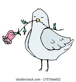 pichón de dibujos animados de vector romántico con una rosa en su pico. material único decorativo elemento Doodle para el día de San Valentín aislado en fondo blanco