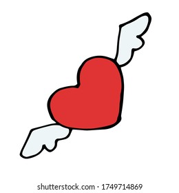 romantic vector hand-drawn cartoon red heart with angel wings. a single decorative doodle element isolated on a white background