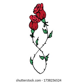 Romantischer Vektor handgezeichnete Cartoon zwei roten Rosen miteinander gewebt. Dekordoodellelement isoliert auf weißem Hintergrund