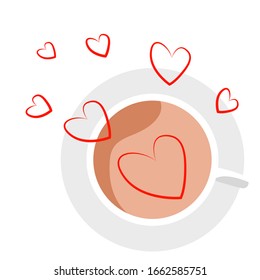 Romantic vector illustration about love, love. Flat, romance, heart, Cup of coffee, congratulation, invitation, card, print
