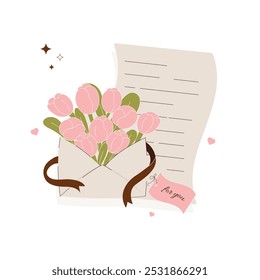 Romantic vector illustration with a bouquet of pink tulips in an envelope and a love letter. Ideal for greeting cards, invitations to holidays, Valentine's Day, wedding or anniversary greetings. 