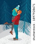 Romantic vector illustration with boy and girl hugging in forest on snowy winter night. Love, wedding, proposal, Valentine's day.
