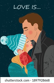 Romantic vector illustration with boy and girl kissing on snowy winter night. Love, wedding, proposal, Valentine's day.