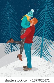 Romantic vector illustration with boy and girl hugging in forest on snowy winter night. Love, wedding, proposal, Valentine's day.