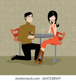 Ilustração de vetor romântico de um menino propondo a uma menina com um anel. Perfeito para projetos de noivado, amor, convite de casamento ou conteúdo do Dia dos Namorados.