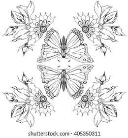 Romantic vector illustration with butterfly and flowers. Beautiful vintage design.