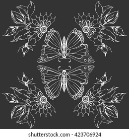 Romantic vector illustration with butterfly and flowers. Beautiful vintage design.