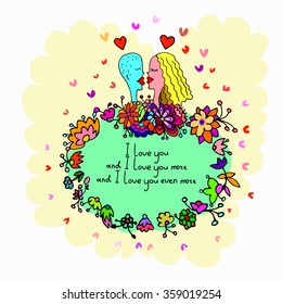Romantic vector illustration with couple in love and floral frame. For cards on Valentines day