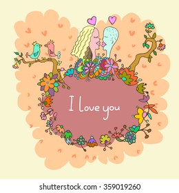 Romantic vector illustration with couple in love and floral frame. For cards on Valentines day