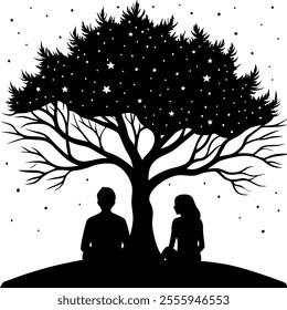 A romantic vector illustration of a couple sitting under a tree silhouette depicting love, serenity, and togetherness in a peaceful natural setting. Perfect for creative designs.