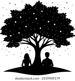 A romantic vector illustration of a couple sitting under a tree silhouette depicting love, serenity, and togetherness in a peaceful natural setting. Perfect for creative designs.