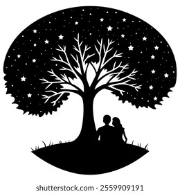 A romantic vector illustration of a couple sitting under a tree silhouette depicting love, serenity, and togetherness in a peaceful natural setting. Perfect for creative designs.