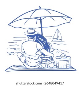 Romantic vector illustration of a couple sitting under a beach umbrella, hugging and watching the sea with a sailboat in the distance. Summer vacation, love. Girl and Guy on the Coast of Italy