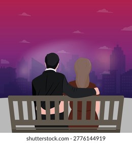Romantic vector illustration of a couple sitting closely on a bench, embracing while looking at a city skyline during sunset or dusk