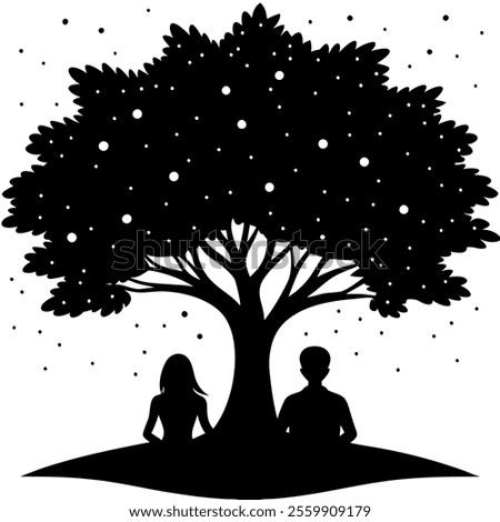 A romantic vector illustration of a couple sitting under a tree silhouette depicting love, serenity, and togetherness in a peaceful natural setting. Perfect for creative designs.