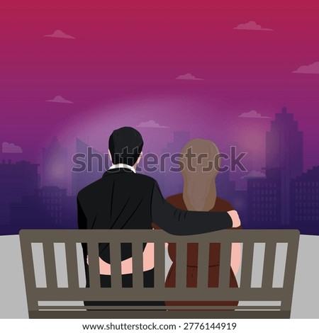 Romantic vector illustration of a couple sitting closely on a bench, embracing while looking at a city skyline during sunset or dusk