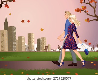 Una Ilustración vectorial romántica de una pareja caminando mano a mano por un parque de la ciudad en otoño. La escena presenta follaje de otoño colorido, hojas caídas, una luna llena y rascacielos de la ciudad en el fondo, con otras personas disfrutando del parque al atardecer.