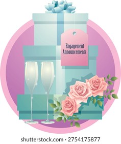 Romantic vector illustration designed for engagement celebration messages, featuring decorative elements such as wrapped gifts, elegant champagne flutes, and delicate pink roses arranged inside a circular decorative frame. The artwork prominently displays the phrase “Engagement Announcements,” clearly presenting the design as a celebratory graphic used to share joyful news about a couple’s commitment and upcoming wedding plans.

The visual composition reflects the festive atmosphere commonly associated with engagement celebrations. Flowers, gift boxes, and sparkling champagne glasses symbolize romance, happiness, and the excitement that accompanies the announcement of a couple’s decision to marry. These elements are widely recognized in wedding-themed artwork because they represent love, celebration, and the beginning of a new life journey together.

Engagement announcement graphics are frequently used by couples who wish to share their happy news with friends, family members, and social communities. These designs are suitable for a wide range of communication formats including social media posts, digital greeting cards, event invitations, and wedding planning websites. Many couples choose visually appealing announcement graphics to create memorable first impressions when sharing party news online.

The circular decorative frame adds a sense of elegance and balance to the overall composition, drawing attention to the central message while surrounding it with festive and romantic elements. Floral decorations such as pink roses symbolize affection, beauty, and commitment, making them a popular choice in announcement and wedding design themes. Gift packages represent celebration and thoughtful gestures, while champagne glasses evoke joyful toasts shared during special occasions.

The illustration follows a modern vector design style that combines clean shapes, balanced colors, and refined decorative details.