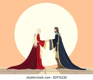 romantic vector illustration in eps 8 format of a couple in medieval dress holding hands in front of a big white sun