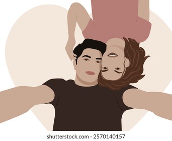 Romantic vector illustration of a happy couple isolated on a white. A girlfriend and a boyfriend in love are taking a selfie. Romantic moment in the snapshot. Lovers take a picture. Vector first love