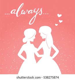 Ilustração vetorial romântica de casal feliz do mesmo sexo e palavra escrita à mão "sempre". Cartão de Dia dos Namorados, casamento e ilustração de amor. Relação homossexual.