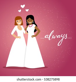 Romantic vector illustration of happy same-sex couple and hand-lettered word "always". Valentines Day card, wedding and love illustration. Homosexual relationship.