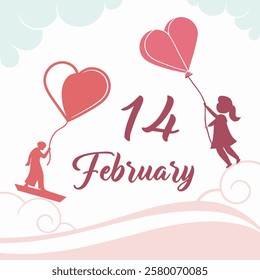 romantic vector illustration of love with balloons. pastel colored silhouette couple with heart-shaped balloons. whimsical 14 February celebration with floating couple.