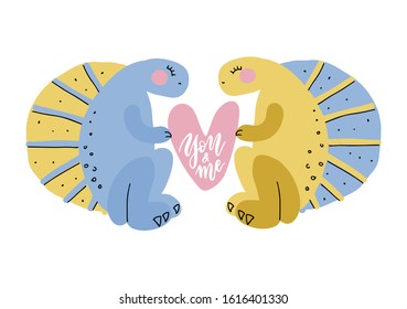 Romantic vector illustration of lovely two dinosaurs with heart shares love to each other. Graphic elements for kids design. Childish hand drawn dino in love with heart in paws for Valentine card.