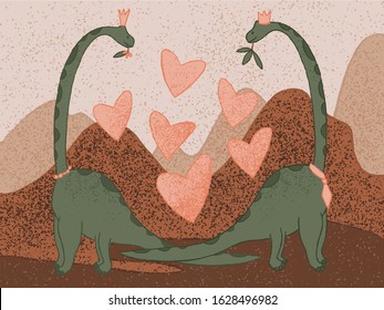 Romantic vector illustration of lovely two dinosaurs with hearts shares love to each other. Graphic elements for kids design. 