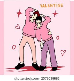 A romantic vector illustration of a loving couple wearing matching pink hoodies, posing together in a warm embrace. Perfect for Valentine's Day themes, love concepts, or couple-related design