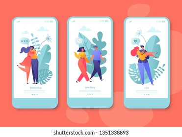 Romantic vector illustration mobile app page, screen set. Happy flat people character embrace and kiss. Concept for website on Valentine Day theme. Concept of landing page on love story theme.