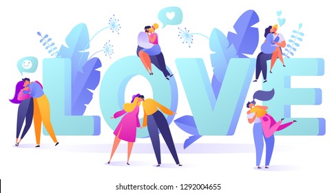 Romantic vector illustration on love story theme. Happy flat people character. Couples in love, they embrace and kiss. Happy lover man and woman flirt. Lifestyle concept on Valentine Day theme. 