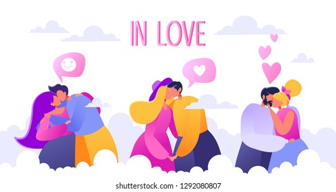 Romantic vector illustration on love story theme. Happy flat people character on the seventh heaven. Soaring in the clouds. Couples in love, they embrace and kiss. Concept on Valentine Day theme. 