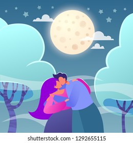 Romantic vector illustration on love story theme. Happy flat people character. Couple in love, kissing and hugging under the moon. Lifestyle concept on Valentine Day theme.