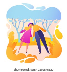 Romantic vector illustration on love story theme. Happy flat people character embrace and kiss in the park. Happy lover man and woman flirt. Lifestyle concept on Valentine Day theme. 