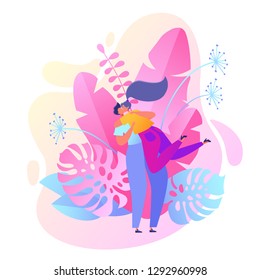 Romantic vector illustration on love story theme. Happy flat people character embrace and kiss. Happy lover man and woman flirt. Lifestyle concept on Valentine Day theme. 