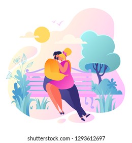Romantic vector illustration on love story theme. Happy flat people character sitting on the bench, embrace and kiss. Happy lover man and woman flirt. 