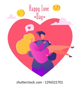 Romantic vector illustration on love story theme. Couple in love, man holding his beloved girlfriend in his arms, carries on hands. Lifestyle concept on Valentine Day theme. Valentine's Day сard.