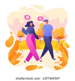 Romantic vector illustration on love story theme. Happy flat people character walking in the park. Happy lover man and woman flirt. Lifestyle concept on Valentine Day theme.