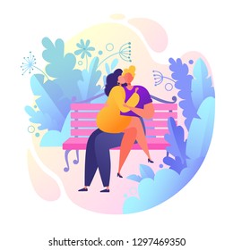 Romantic vector illustration on love story theme. Happy flat people character sitting on the bench, embrace and kiss. Happy lover man and woman flirt.