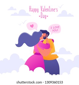 Romantic vector illustration on love story theme. Happy flat people character on the seventh heaven. Soaring in the clouds. Couples in love, they embrace and kiss. Concept on Valentine Day theme.