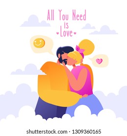 Romantic vector illustration on love story theme. Happy flat people character on the seventh heaven. Soaring in the clouds. Couples in love, they embrace and kiss. Concept on Valentine Day theme.