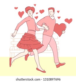 Romantic vector illustration on love story theme. Couple in love.Lifestyle concept on Valentine Day theme. Valentine's Day сard. 