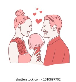 Romantic vector illustration on love story theme. Couple in love.Lifestyle concept on Valentine Day theme. Valentine's Day сard. 