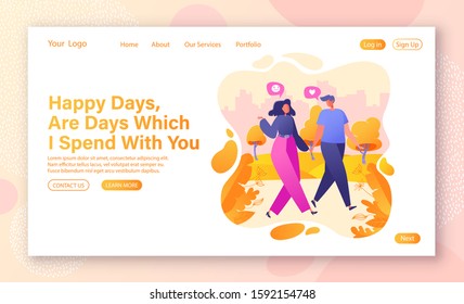 Romantic vector illustration on love story theme for landing page template. Flat people character walking in the park. Happy lover man and woman flirt. Concept on Valentine Day theme. First date.