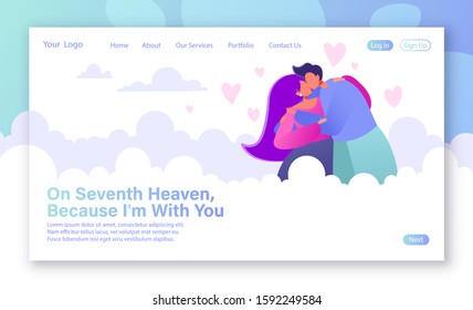 Romantic Vector Illustration On Love Story Theme For Landing Page Template. Happy Flat People Character On The Seventh Heaven. Couple In Love, They Embrace And Kiss. Concept On Valentine Day Theme. 